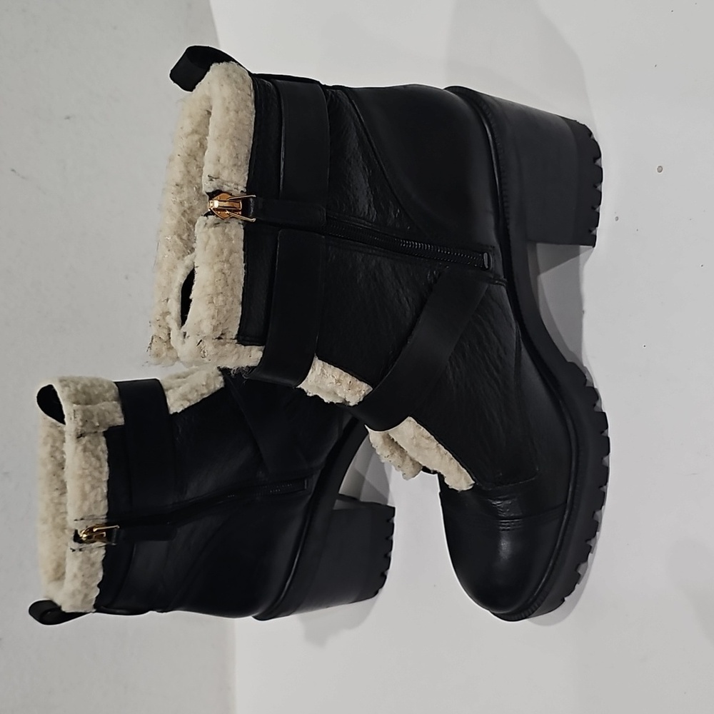 Nine West Black Leather combat Ankle  boots with Faux Shearling Size 10.5 - Picture 8 of 14